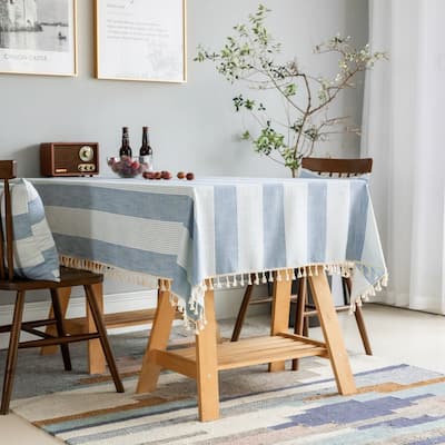 Enova Home Light Blue High Quality Rectangle Cotton and Linen Tablecloth with Tassels For Dinning Table