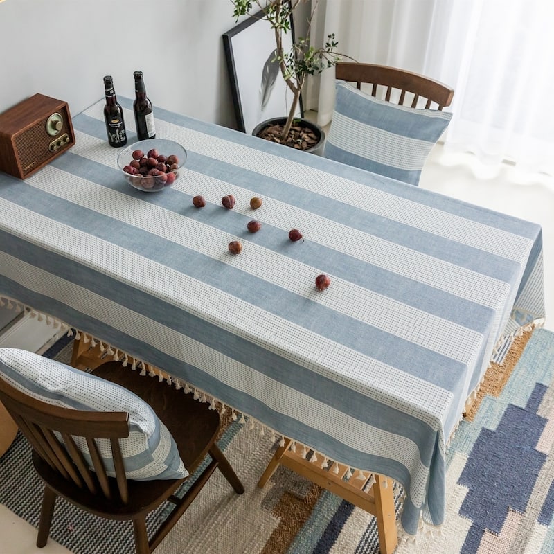 Enova Home Light Blue High Quality Rectangle Cotton and Linen Tablecloth with Tassels For Dinning Table