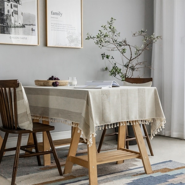 Enova Home Beige High Quality Rectangle Cotton and Linen Tablecloth with Tassels For Dinning Table. Opens flyout.