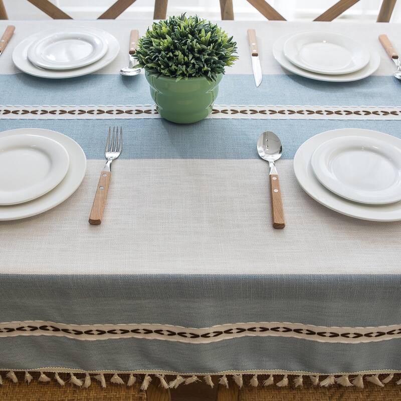 The Curated Nomad Needleridge Tasseled Blue Cotton Linen Tablecloth