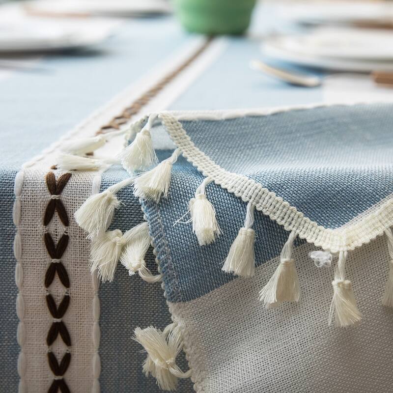 The Curated Nomad Needleridge Tasseled Blue Cotton Linen Tablecloth