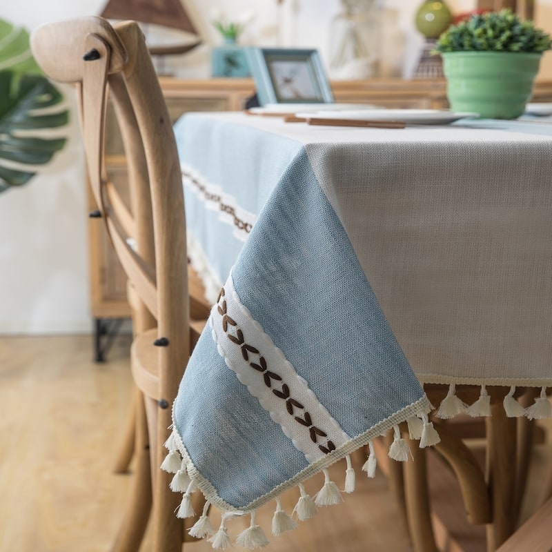 The Curated Nomad Needleridge Tasseled Blue Cotton Linen Tablecloth