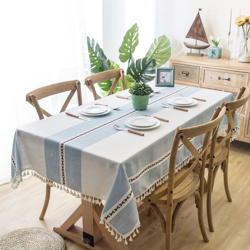 The Curated Nomad Needleridge Tasseled Blue Cotton Linen Tablecloth