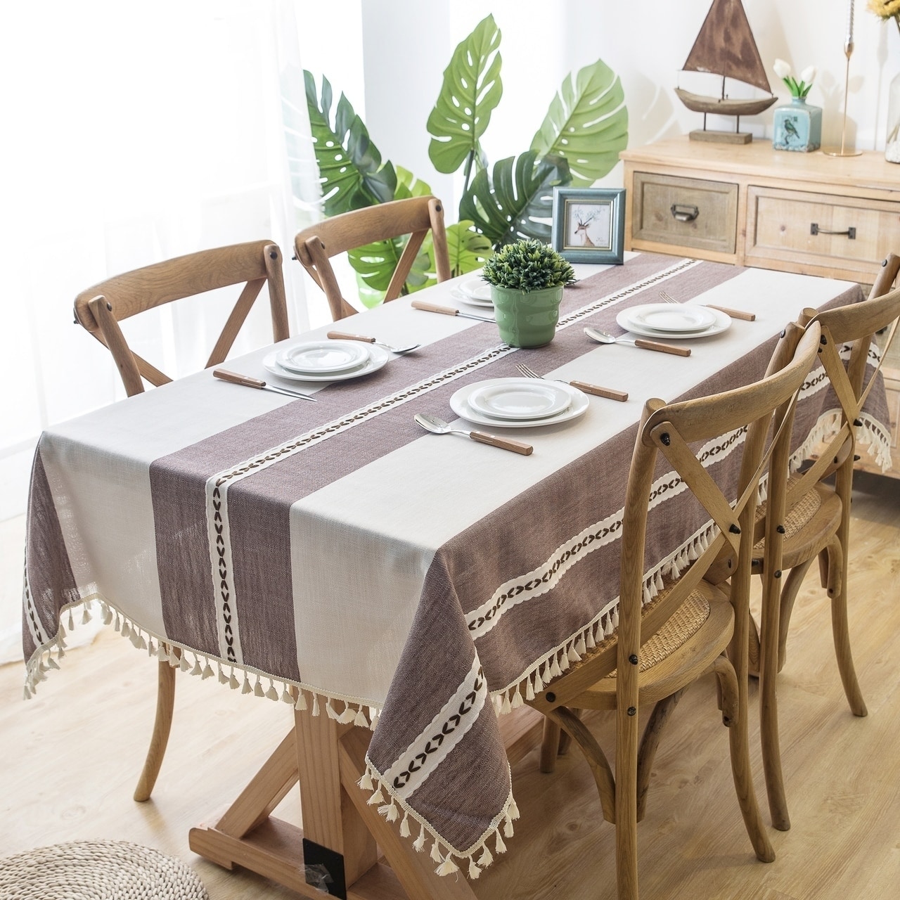 Enova Home Purple Beige High Quality Rectangle Cotton and Linen Tablecloth  with Tassels For Dinning Table - On Sale - Bed Bath & Beyond - 30524519