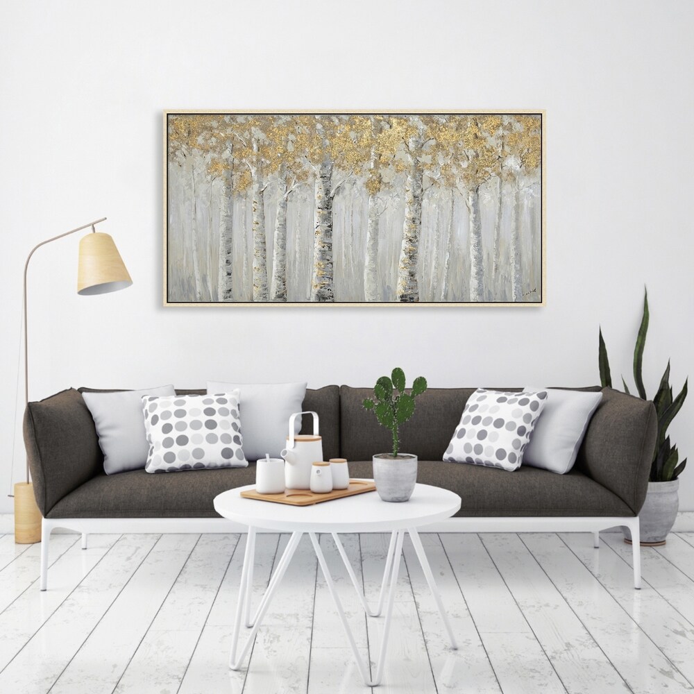Hand Painted Acrylic Wall Art Landscape White Birch Trees on a 55 x 28 Rectangular Canvas with a Champagne Wooden Frame. Opens flyout.