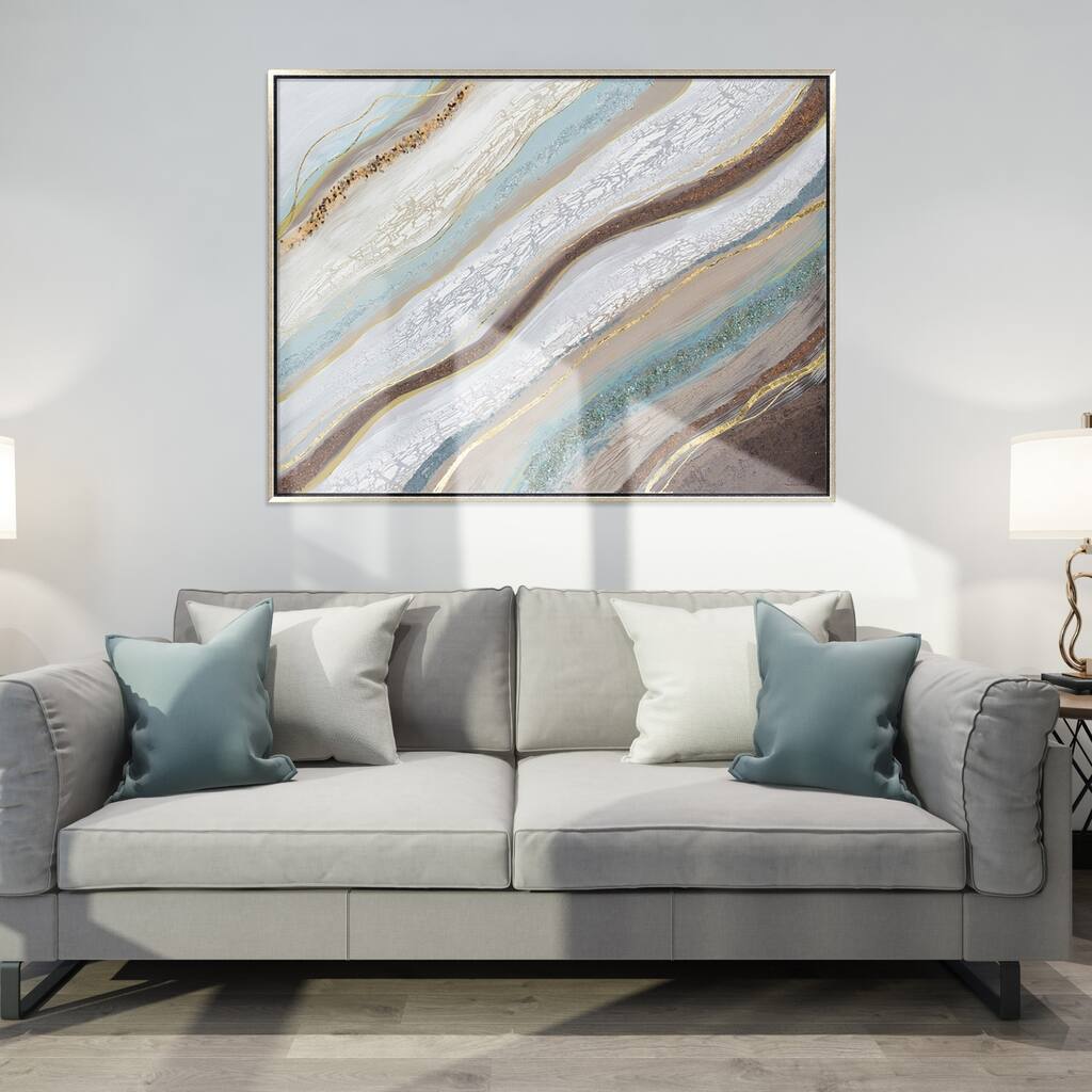 Hand Painted Acrylic Wall Art Brown, Blue and Grey Abstract on a 47 x 35 Rectangular Canvas with a Silver Wooden Frame