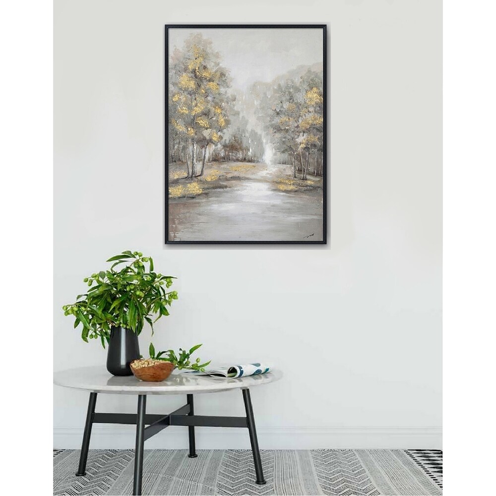 Hand Painted Acrylic Wall Art Landscape Golden Trees on a 35 x 47 Rectangular Canvas with a Black Wooden Frame. Opens flyout.