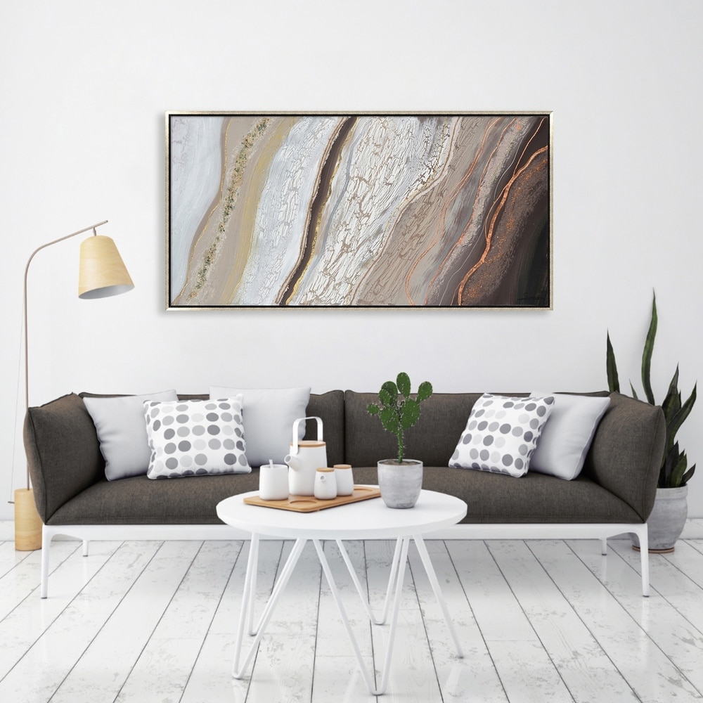 Hand Painted Acrylic Wall Art Brown and Grey Abstract on a 55 x 28 Rectangular Canvas with a Silver Wooden Frame. Opens flyout.
