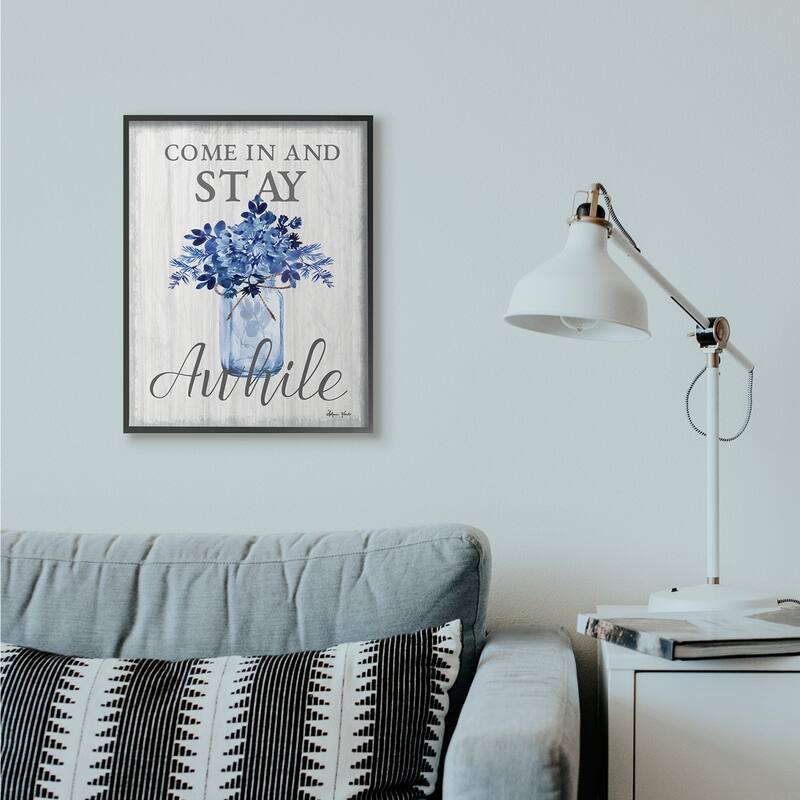 Stupell Stay Awhile Blue Flower Jar Grey Word Design Framed Wall Art, Design by Sheri Hart