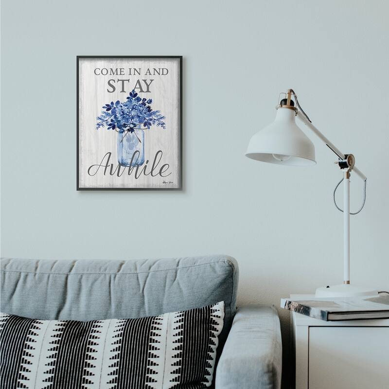Stupell Stay Awhile Blue Flower Jar Grey Word Design Framed Wall Art, Design by Sheri Hart