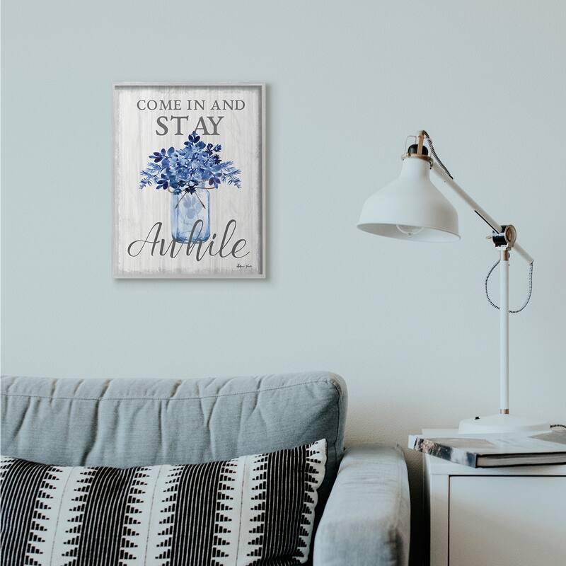 Stupell Stay Awhile Blue Flower Jar Grey Word Design Framed Wall Art, Design by Sheri Hart
