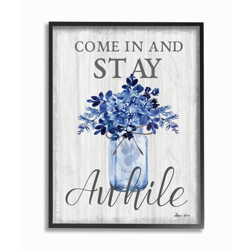 Stupell Stay Awhile Blue Flower Jar Grey Word Design Framed Wall Art, Design by Sheri Hart - 24 x 30 - Black