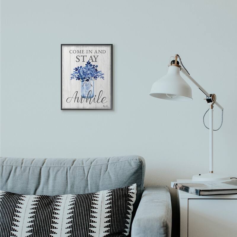 Stupell Stay Awhile Blue Flower Jar Grey Word Design Framed Wall Art, Design by Sheri Hart