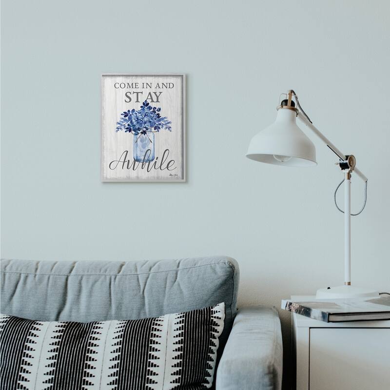Stupell Stay Awhile Blue Flower Jar Grey Word Design Framed Wall Art, Design by Sheri Hart