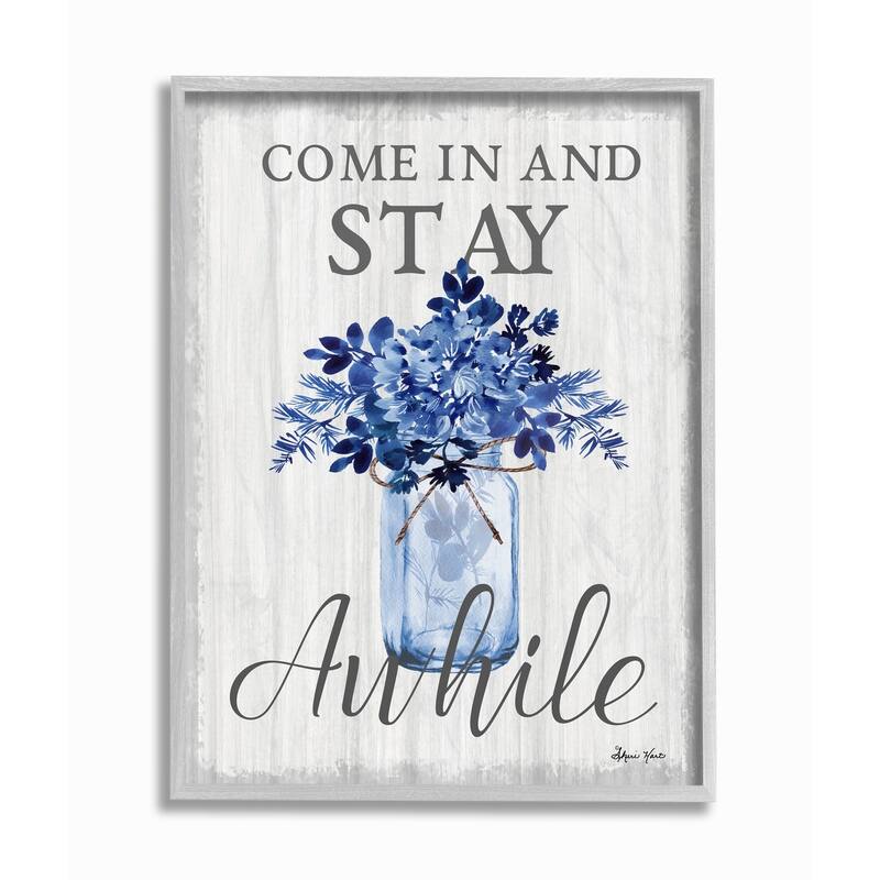 Stupell Stay Awhile Blue Flower Jar Grey Word Design Framed Wall Art, Design by Sheri Hart