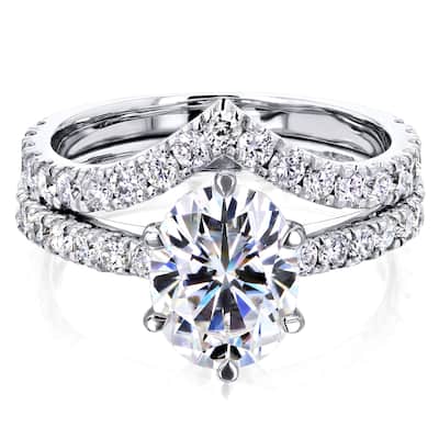 Annello by Kobelli 14k Gold 3 1/10ct TGW Oval Forever One Moissanite and Diamond Tulip Head Chevron Band Bridal Set
