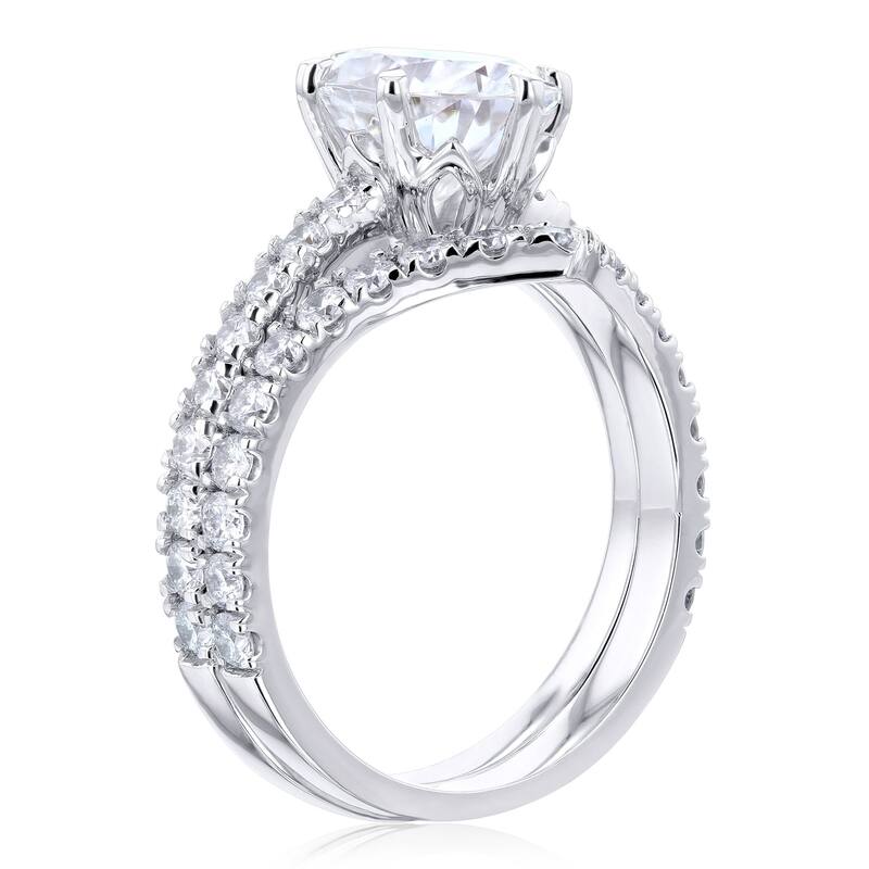 Annello by Kobelli 14k Gold 3 1/10ct TGW Oval Forever One Moissanite and Diamond Tulip Head Chevron Band Bridal Set - 9 - White