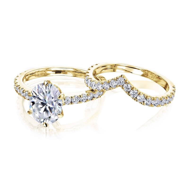 Annello by Kobelli 14k Gold 3 1/10ct TGW Oval Forever One Moissanite and Diamond Tulip Head Chevron Band Bridal Set