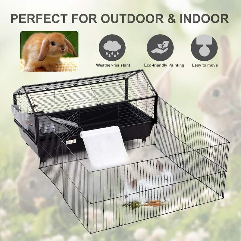 PawHut Rolling Metal Rabbit, Guinea Pig, or Small Animal Hutch Cage with Main House and Run, 47" L