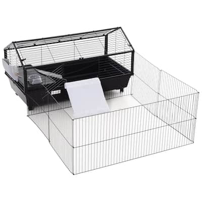 PawHut Rolling Metal Rabbit, Guinea Pig, or Small Animal Hutch Cage with Main House and Run, 47" L