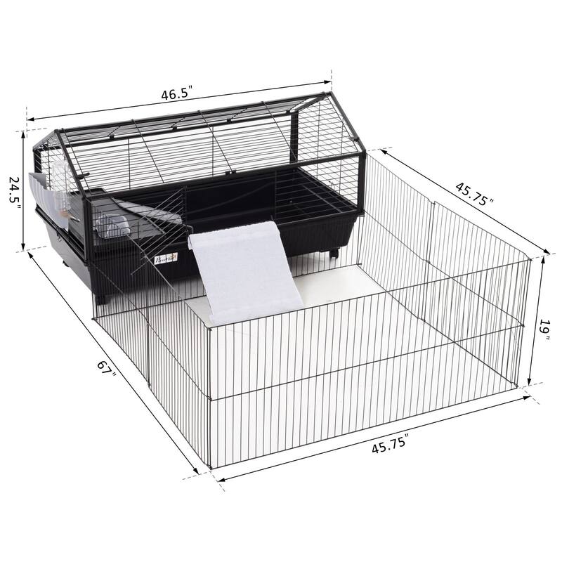 PawHut Rolling Metal Rabbit, Guinea Pig, or Small Animal Hutch Cage with Main House and Run, 47" L