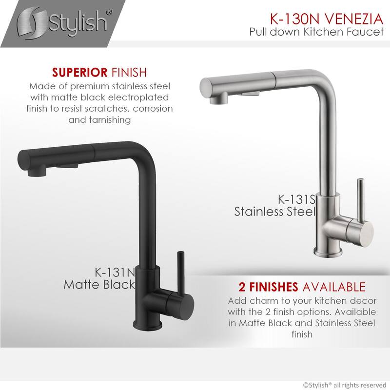 Solid Stainless Steel Sink Kitchen Faucet, Matte Black Finish Kitchen Sink Faucet K130N (Matte Black) - Faucet Height: 12 3/8"