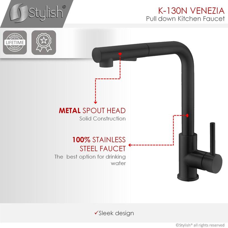 Solid Stainless Steel Sink Kitchen Faucet, Matte Black Finish Kitchen Sink Faucet K130N (Matte Black) - Faucet Height: 12 3/8"