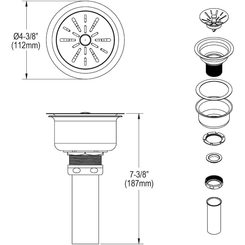 Elkay 3-1/2" Drain Fitting Type 316 Stainless Steel Body, Strainer Basket with rubber seal and Tailpiece