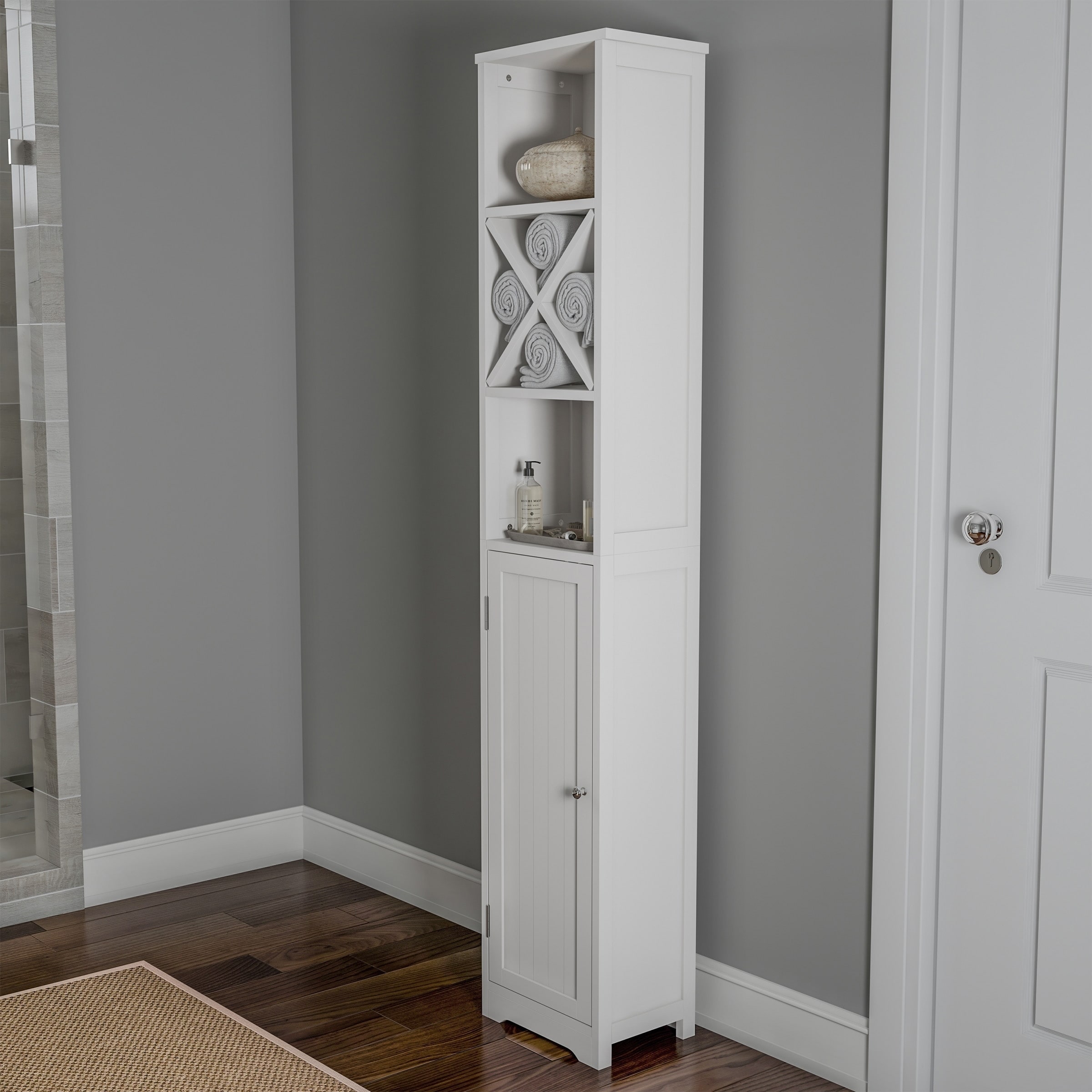 Tall White Finish Slim Linen Tower Bathroom Towel Storage Cabinet Wood Organizer