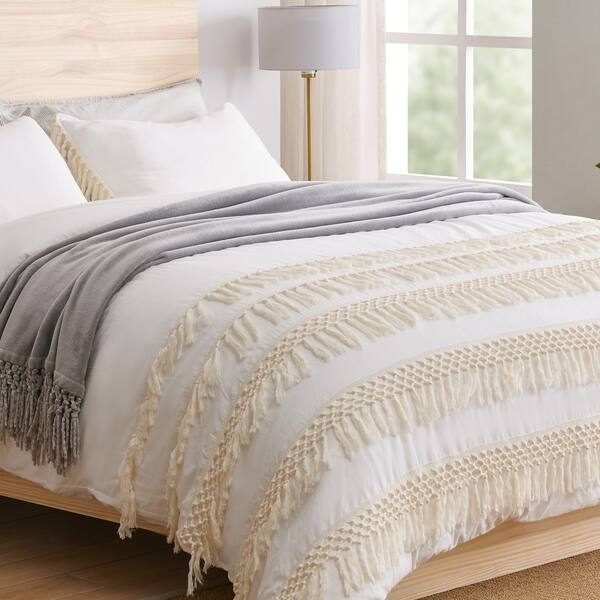 Shop Sweet Jojo Designs Ivory Boho Macrame Fringe 3pc Queen Size Duvet Comforter Cover Bedding Set Minimalist Chic Knotted Tassel Overstock 30534201