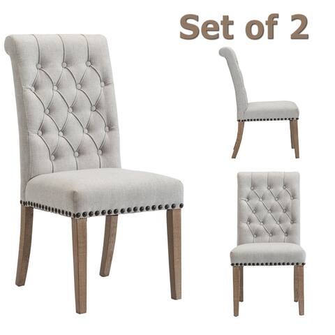 High Back Linen Gray Upholstered wood Dining Chairs Tufted Nail Trim