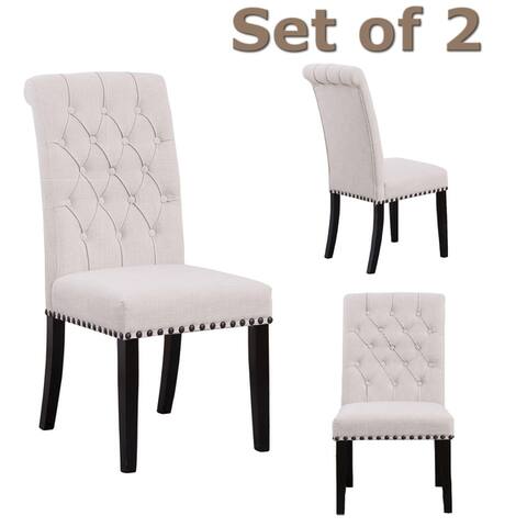 High Back Linen Beige Upholstered wood Dining Chairs Tufted Nail Trim