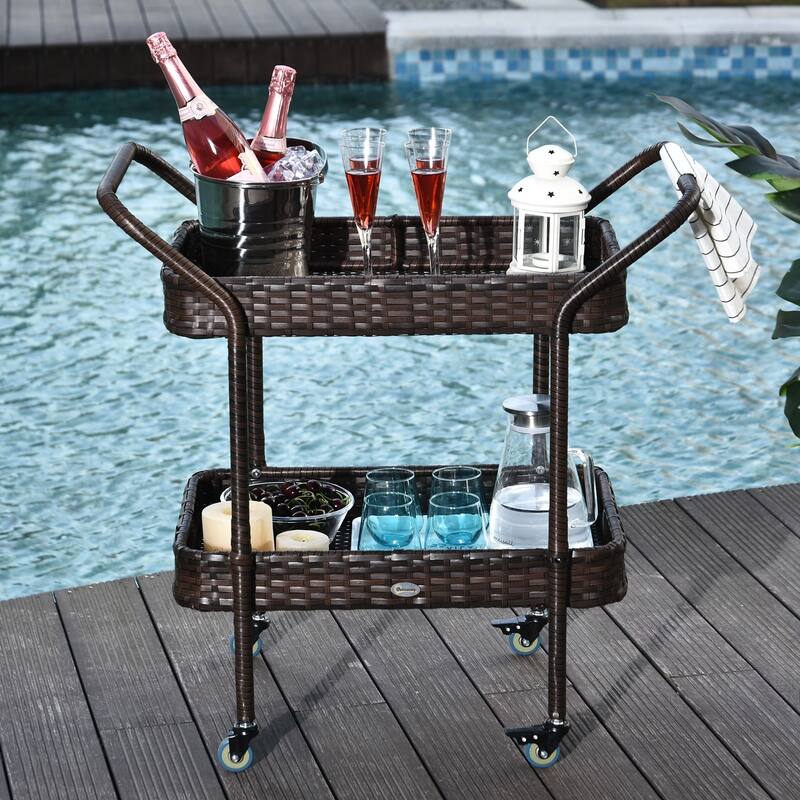 Outsunny Rattan Food and Serving Cart with 4 Wheels and 2-Tiers of Surface Area, Great for Parties, Kitchen, or Utility