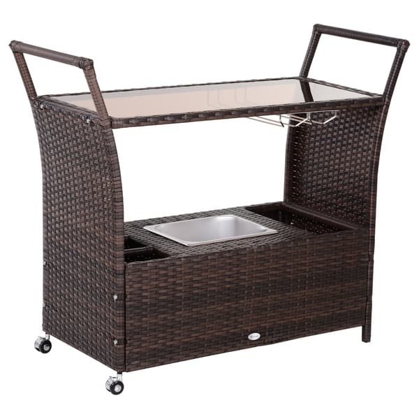 Outsunny Patio Wicker Serving Bar Cart With Ice Bucket Wine Outsunny Patio Wicker Serving Bar Cart
