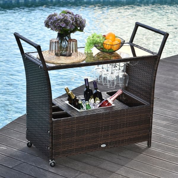 Outsunny Patio Wicker Serving Bar Cart With Ice Bucket Wine Outsunny Patio Wicker Serving Bar Cart