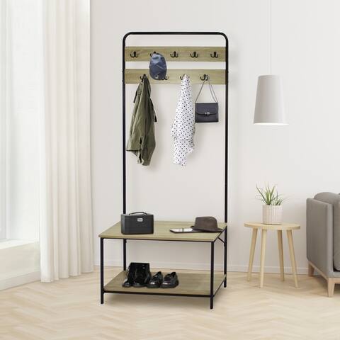 Industry Modern Coat Rack with Shoe Storage Bench, Hall Tree Entryway with 9 double prong hooks - 32" x 12" x 67"