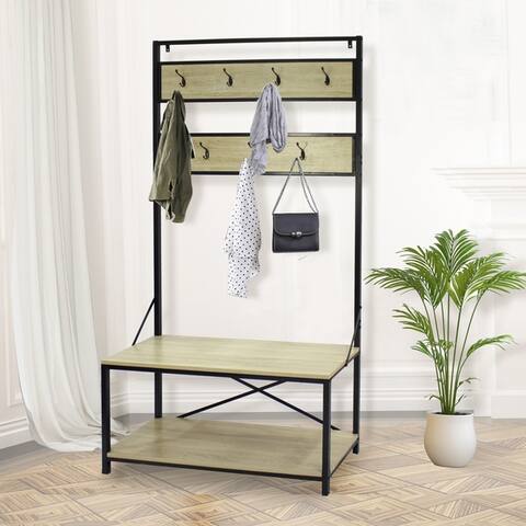 Home Products Oak Entryway Shoe Bench with Coat Rack Hall Tree Storage 7 Hooks in black metal frame - 40" x 15" x 68"