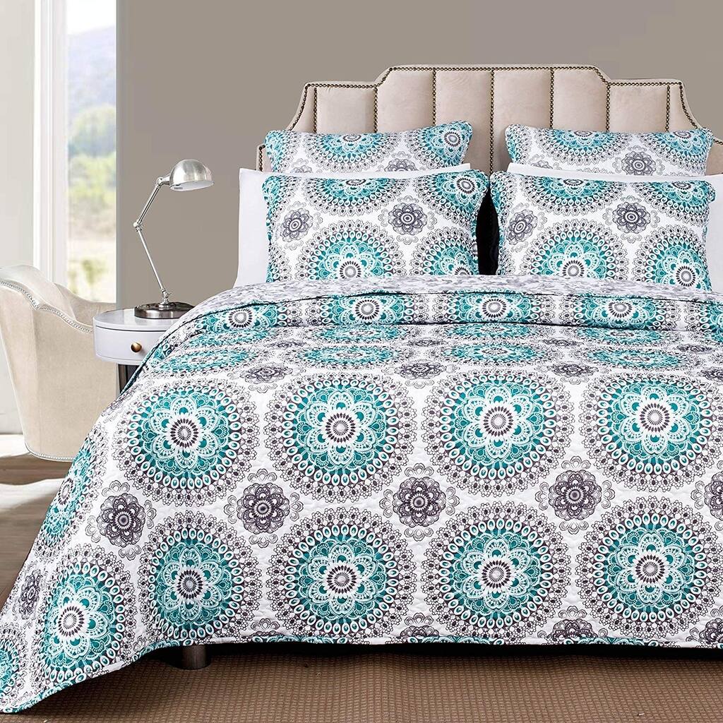 DriftAway 3 Piece Bella Reversible Quilt Set Bedspreads Coverlets Medallion Floral Pattern Cover Prewashed