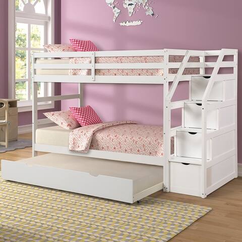 Merax Twin over Twin Stair Bunk Bed with Storage Ladder and Trundle