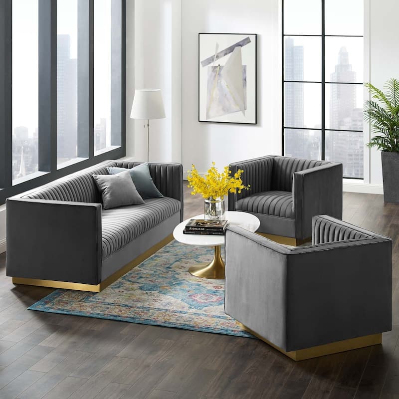 Sanguine 3 Piece Vertical Channel Tufted Performance Velvet Set - Gray