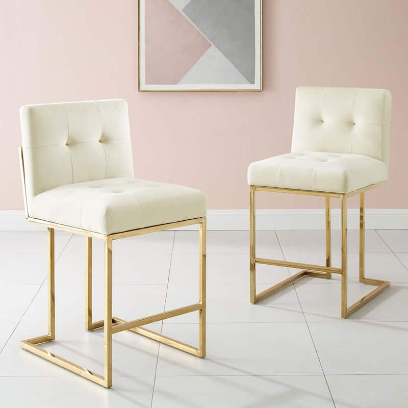 Privy Gold Stainless Steel Performance Velvet Counter Stool Set of 2 - N/A - Ivory