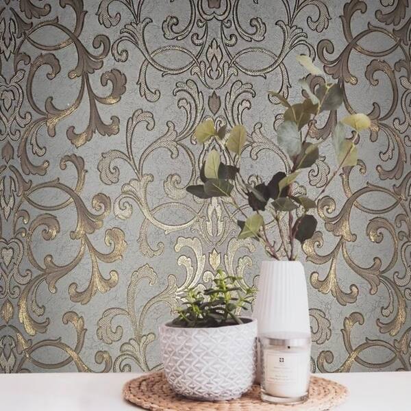 Wallpaper Textured Wallcoverings Modern Damask Gray Gold Bronze Metallic Roll 3d Overstock