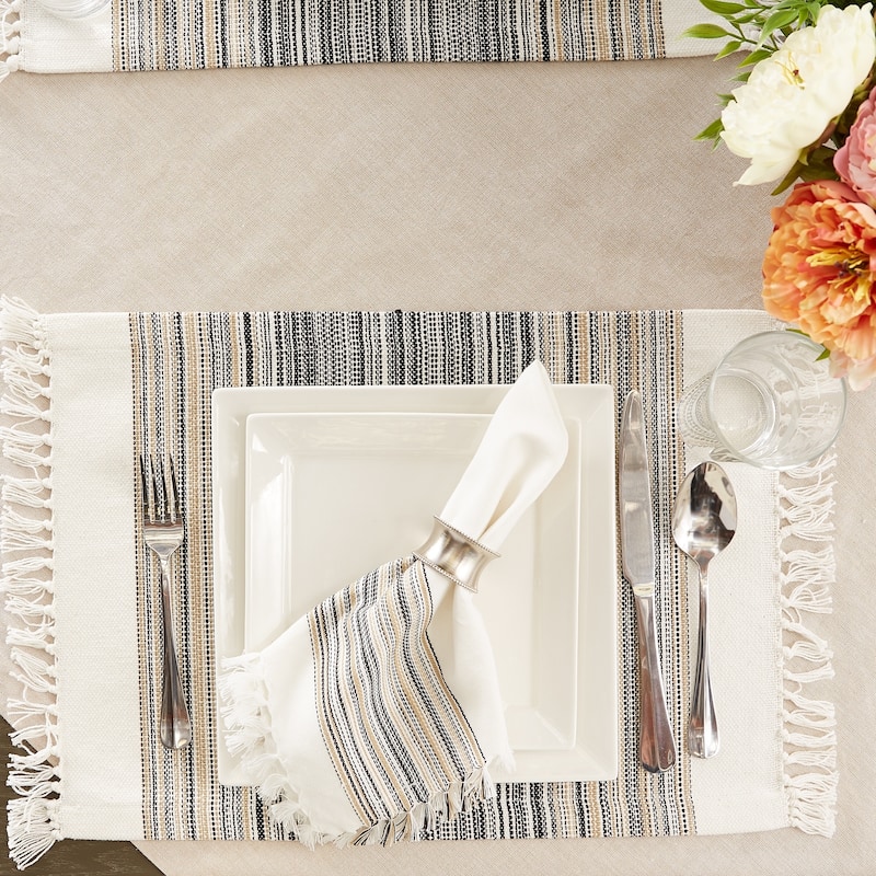 DII Fringed Stripe Tabletoppers, 13x20", Black, 6 Pieces