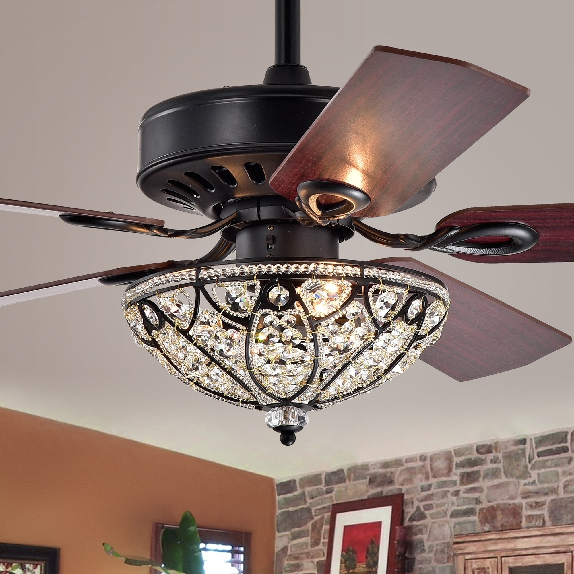 Warehouse of Tiffany Kadohata 52-inch Matte Black Ceiling Fan with Crystal Bowl Shade