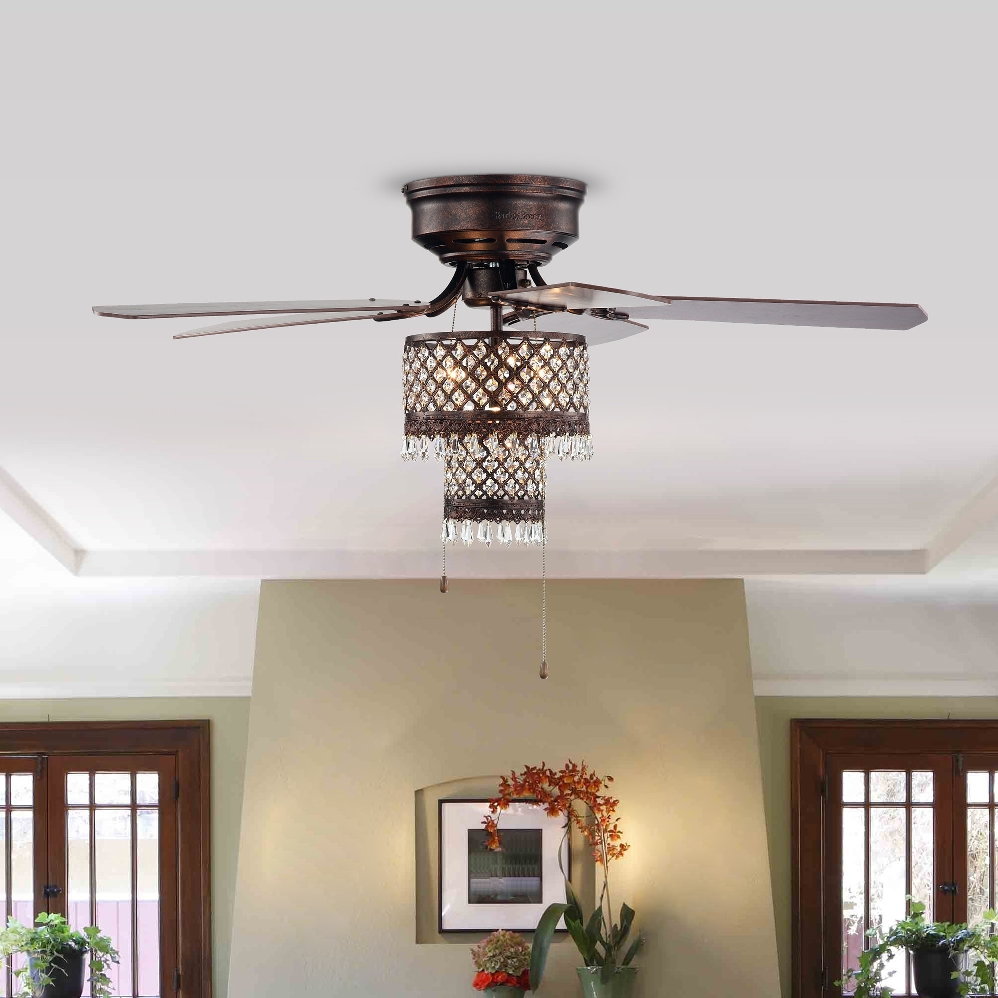 Arin Rustic Bronze 52 Inch 5 Blade Lighted Flush Mount Ceiling Fan With Crystal Drum Shade Pull Chain