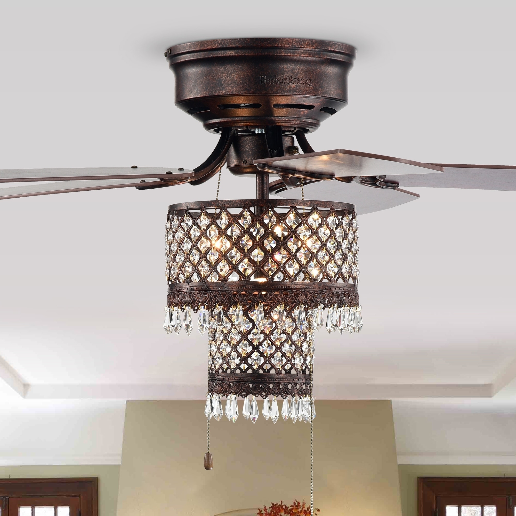 Arin Rustic Bronze 52 Inch 5 Blade Lighted Flush Mount Ceiling Fan With Crystal Drum Shade Pull Chain