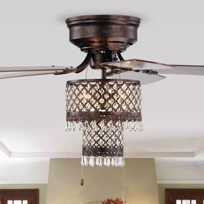 Gracewood Hollow Huo 52-inch Rustic Bronze Lighted Flush Mount Ceiling Fan with Crystal Drum Shade