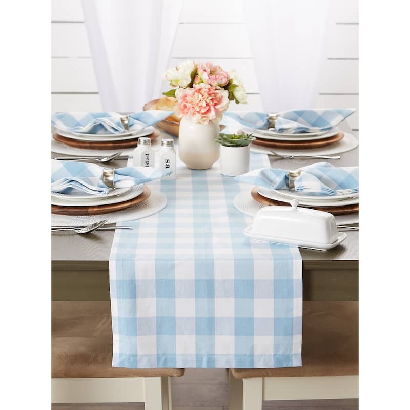 DII Buffalo Check Tabletoppers, 14x72", White & Light Blue, 1 Piece - 14x72"