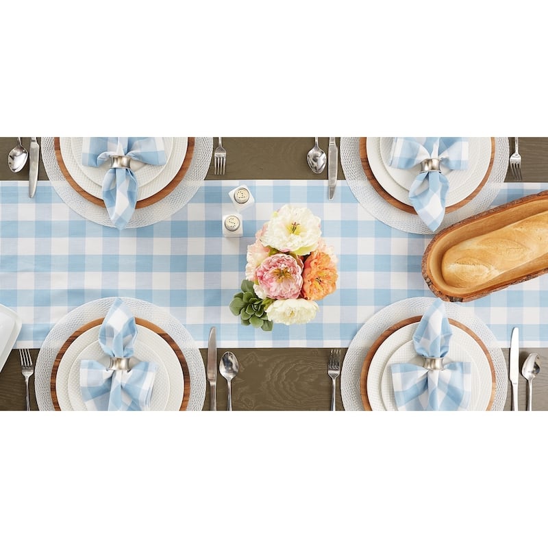 DII Buffalo Check Tabletoppers, 14x72", White & Light Blue, 1 Piece - 14x72"