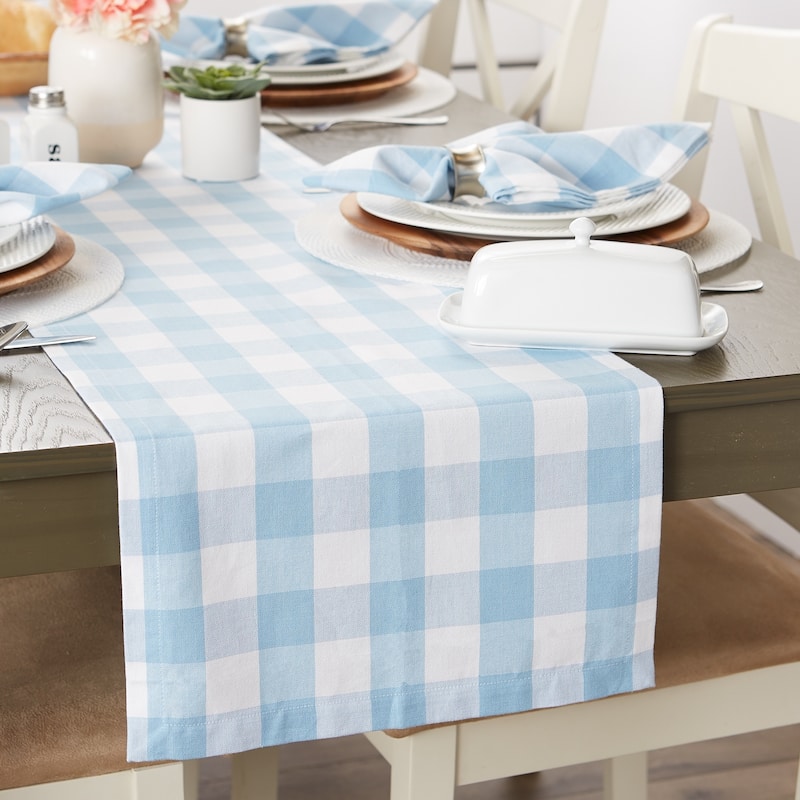 DII Buffalo Check Tabletoppers, 14x72", White & Light Blue, 1 Piece - 14x72"